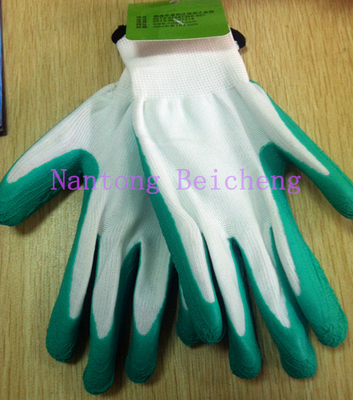 Green Foam Latex Coated Gloves 13 Gauge with White Polyester Dip Palm