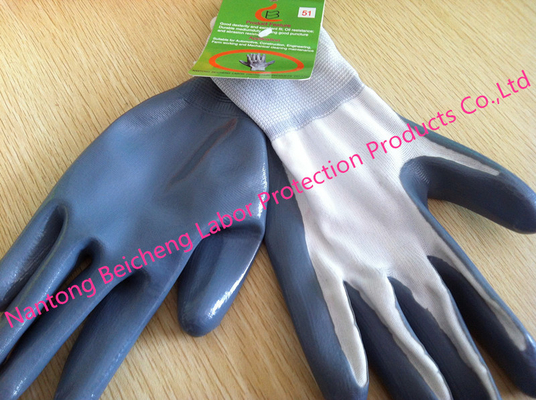Durable Grey Nitrile Work Gloves Polyester Liner With Heat Transfer Print