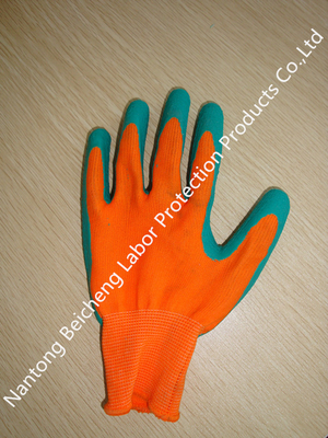13Gauge Soft Latex Coated Gloves Polyester Dip Orange With Green Latex Crinkle
