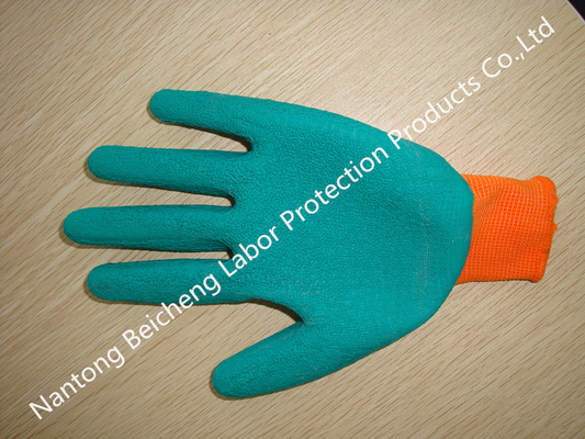 13Gauge Soft Latex Coated Gloves Polyester Dip Orange With Green Latex Crinkle