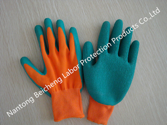 13Gauge Soft Latex Coated Gloves Polyester Dip Orange With Green Latex Crinkle