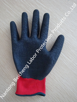 Red Polyester Latex Coated Gloves Black Crinkle With Abrasion Resistance