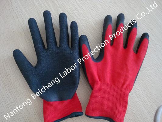 Red Polyester Latex Coated Gloves Black Crinkle With Abrasion Resistance