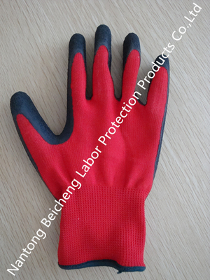 Red Polyester Latex Coated Gloves Black Crinkle With Abrasion Resistance