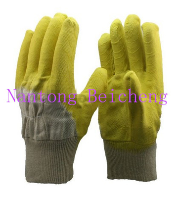 Cotton Woven Fabric Latex Coated Gloves , Natural White Knit-wrist Open Back Dip Latex Crinkle