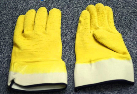 Yellow Cotton Latex Coated Gloves Woven Fabric , Starched Cuff Open Back Dip